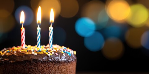 happy birthday celebration with birthday party decorations, cake and candles