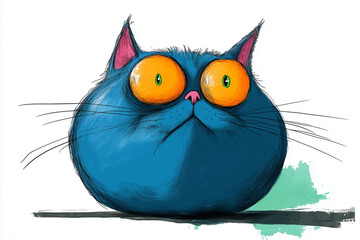 Obraz premium Colorful cartoon cat with large eyes and round shape sitting against a simple background in a vibrant art style