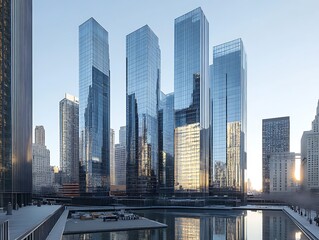 Fototapeta premium City Skyline Dominated by Tall Glass Skyscrapers Reflecting Sunrise, Modern Urban Architecture with Futuristic Aesthetic in a Serene Morning Glow