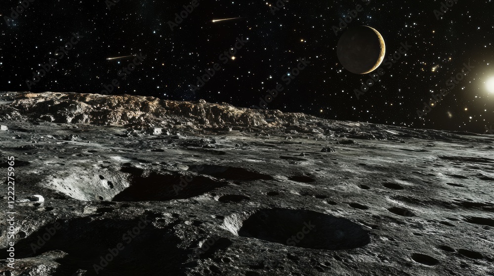 Canvas Prints breathtaking view of moon surface with stars and planets in space