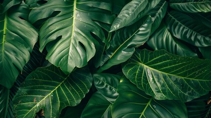 Obraz premium Vibrant close-up of tropical green leaves in flat lay composition for fresh wallpaper and banner design concepts