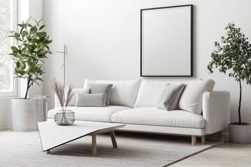 Bright living room with streamlined white sofa, angular table, and a tilted 3D poster mockup for display.