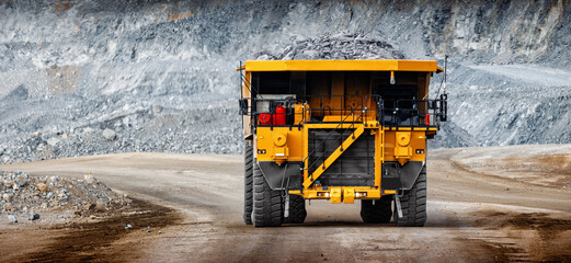 Massive Mining Dump Truck Transporting Rocks at Quarry Site © Parilov