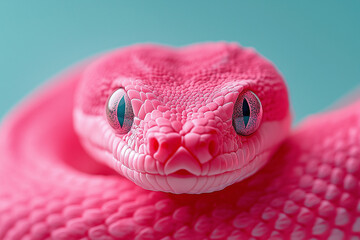 Fototapeta premium Vibrant pink snake resting calmly against a soft blue background showcasing unique textures and features