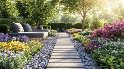 Obraz premium Tranquil Garden Oasis Featuring a Serene Stone Path Leading to a Cozy Couch Surrounded by Lush Greenery and Vibrant Flowers Creating a Perfect Outdoor Relaxation Space