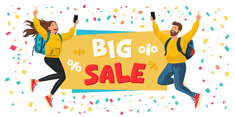 Big sale poster with jumping people and colorful confetti. Happy woman and man with smartphones and backpacks. 