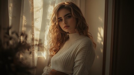 Young Woman with Soft Hair Posing by Bright Window Light