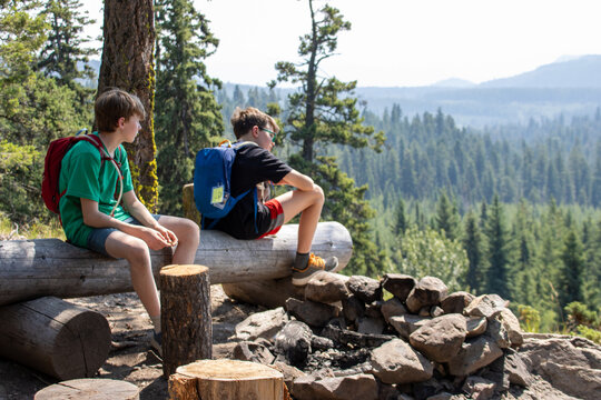 Boys sitting on a log behind fire pit overlooking treed valley