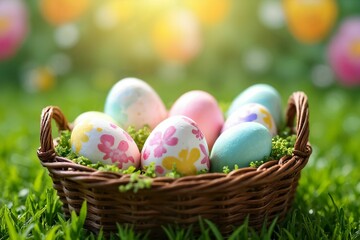 Rustic Easter Basket with Painted Eggs: Vibrant Springtime Setting with Green Grass and Floral Accents