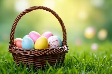 Rustic Easter Basket with Painted Eggs: Vibrant Springtime Setting with Green Grass and Floral Accents