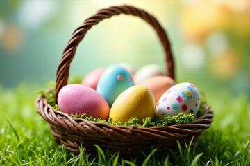 Rustic Easter Basket with Painted Eggs: Vibrant Springtime Setting with Green Grass and Floral Accents