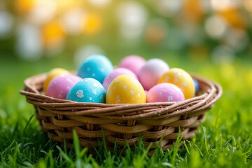 Rustic Easter Basket with Painted Eggs: Vibrant Springtime Setting with Green Grass and Floral Accents