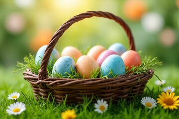 Rustic Easter Basket with Painted Eggs: Vibrant Springtime Setting with Green Grass and Floral Accents