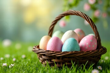 Rustic Easter Basket with Painted Eggs: Vibrant Springtime Setting with Green Grass and Floral Accents