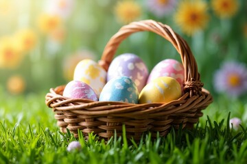 Rustic Easter Basket with Painted Eggs: Vibrant Springtime Setting with Green Grass and Floral Accents