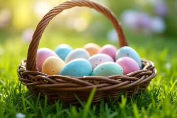 Rustic Easter Basket with Painted Eggs: Vibrant Springtime Setting with Green Grass and Floral Accents