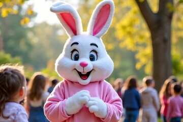 Easter Bunny Mascot with Children: Festive Park Celebration with Pastel Decorations and Springtime Joy