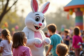 Easter Bunny Mascot with Children: Festive Park Celebration with Pastel Decorations and Springtime Joy
