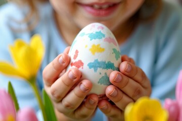 Close-Up of a Child Holding a Decorated Easter Egg: Spring Flowers and Festive Joy