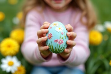 Close-Up of a Child Holding a Decorated Easter Egg: Spring Flowers and Festive Joy
