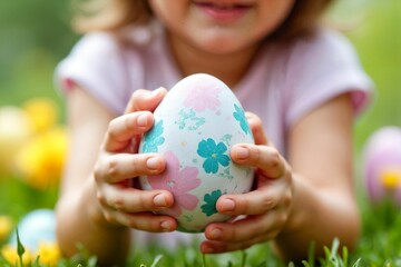 Close-Up of a Child Holding a Decorated Easter Egg: Spring Flowers and Festive Joy
