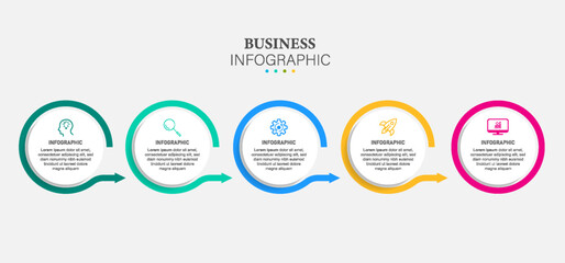 Thin line flat infographic design elements and number options. Timeline with 5 steps or process. Vector business template for presentations.