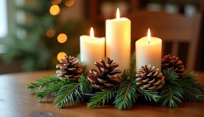 Festive Holiday Scene: Wooden Table Decorated with Candles and Pinecones