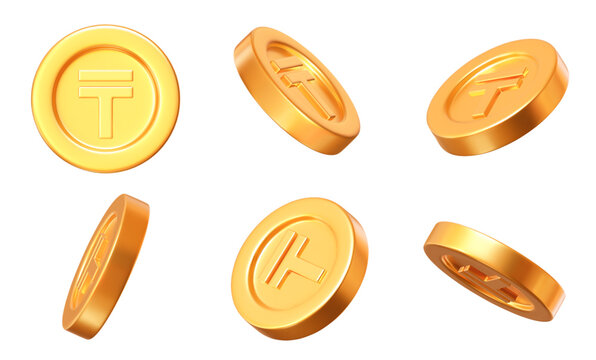 3d set of golden coins of tenge Kazakhstan currency with different angles. Stock vector illustration on isolated background.	