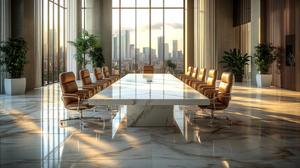 modern marble boardroom with city view and sunlight