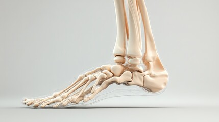 A 3D rendering of a foot skeleton with joint details and clear space for educational use.