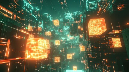 Obraz premium decentralized cloud storage, with glowing data cubes floating in cyberspace