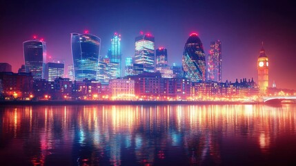 Obraz premium Vibrant Night Skyline of London with Illuminated Buildings and River