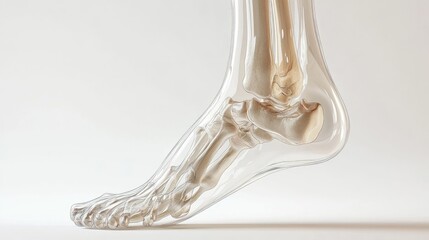 A 3D-rendered anatomical diagram of a human foot bone with visible joints and clear copy space.