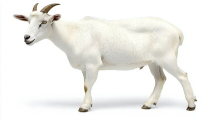 White Domestic Goat Standing Gracefully on White Background