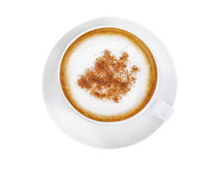 Cup of cappuccino coffee isolated on transparent background, top view