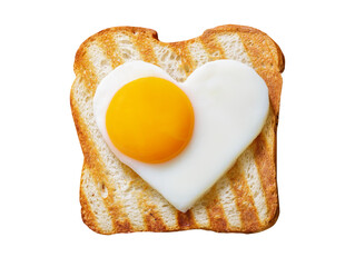 Grilled toast with shaped heart fried egg isolated on transparent background, top view
