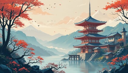 Fototapeta premium Tranquil japanese landscape with traditional pagoda and autumn colors by a serene lake