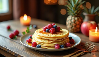 Cozy Morning Breakfast Scene: Candles and Golden Pancakes