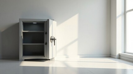 Fototapeta premium Empty Security Safe in a Bright Room with Sunlight Streaming Through a Window
