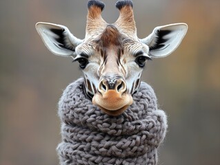 Naklejka premium giraffe portrait, warm scarf, textured background, whimsical animal photography