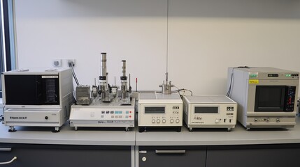 A clean and organized layout of laboratory testing equipment used in materials engineering.