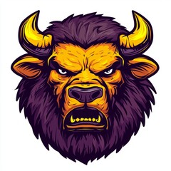 Fototapeta premium Fierce Yellow Bull Head with Purple Mane and Horns