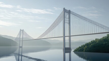 Obraz premium A clean design featuring a digital rendering of a suspension bridge with an engineering overlay.