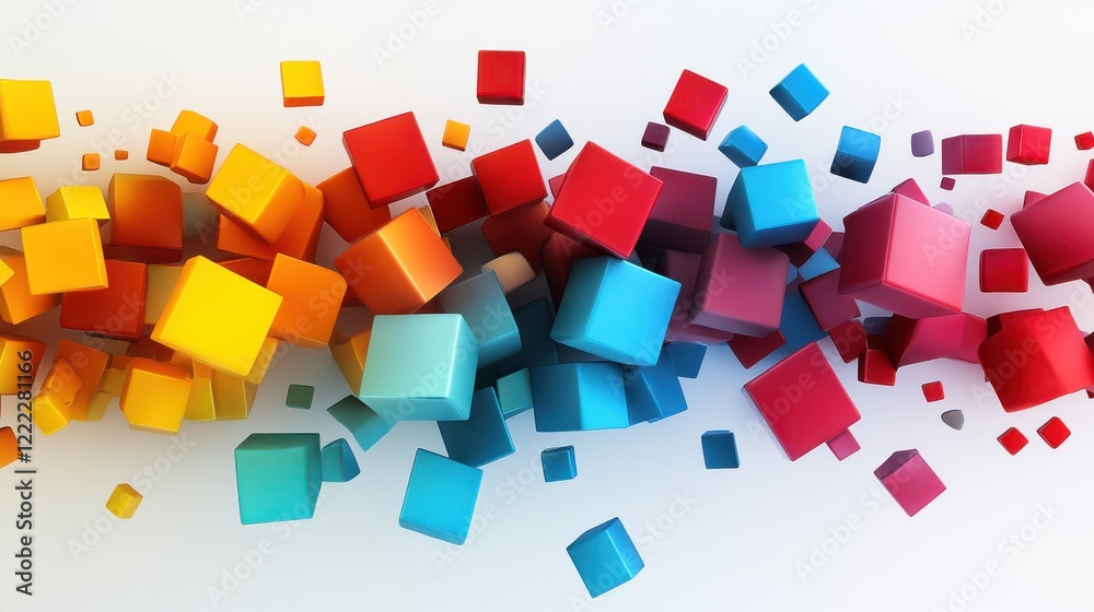Poster Colorful 3D Cubes Moving in Dynamic Abstract Pattern Background