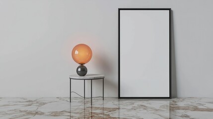 Chic room with a minimalist lamp on a side table and a vertical mockup poster frame placed on glossy marble floor to highlight the lighting.