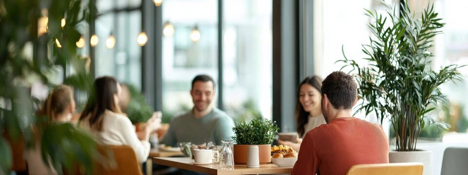 Cozy Indoor Dining Experience with Friends in a Bright and Green Environment at a Caf&eacute; or Restaurant