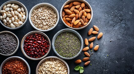 Variety of spices and nuts in bowls on textured background