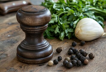 Wooden pepper mill with peppercorns, garlic, and parsley on rustic table