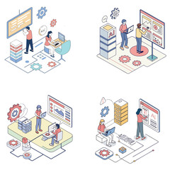 Characters working with generative AI model tools. Deep learning, artificial intelligence, algorithm, infographic template. Isometric vector illustration. Prompt engineering concept.