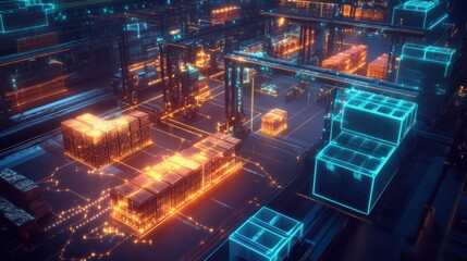 A 3D-rendered holographic supply chain showing the transparent movement of goods through blockchain nodes